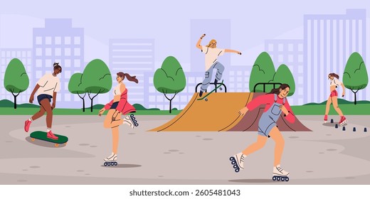Skate roller. Fair in city park. Happy woman enjoying summer activities. Cheerful skaters. Young joyful girl riding on skateboard. Skating people. Urban skatepark. Outdoor leisure. Vector illustration