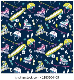Skate seamless pattern. Skateboarding elements.Skateboard,helmet,roller,sunglasses drawing Vector illustration design for fashion fabrics, textile graphics, prints, wallpapers and other uses.