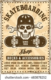 Skate shop vector advertising vintage poster with skull in helmet and board. Layered, separate grunge textures and text