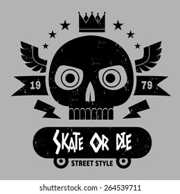 Skate  skull black  logo. vector illustration, ( T-Shirt Print )