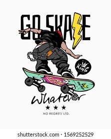 skate slogan with cartoon skateboard player illustration 