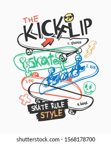 skate slogan with skateboard flipping and icons illustration