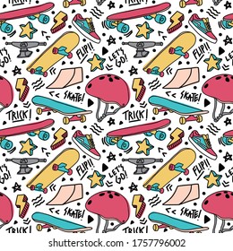 skate sport doodle colorful mono line seamless pattern isolated in white background
