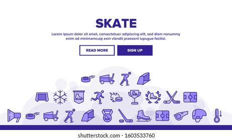 Skate Sport Equipment Landing Web Page Header Banner Template Vector. Hockey Player Brassy And Helmet, Brassy And Puck, Skate Ice Rink And Skater Illustration