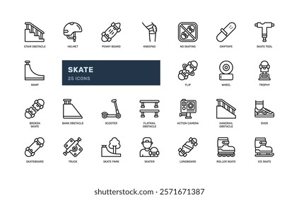 skate sport game leisure youth hobby detailed outline line icon set