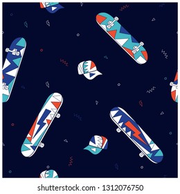 Skate symbols seamless pattern.Skateboard,cap drawing.Cute repeat pattern for kids.