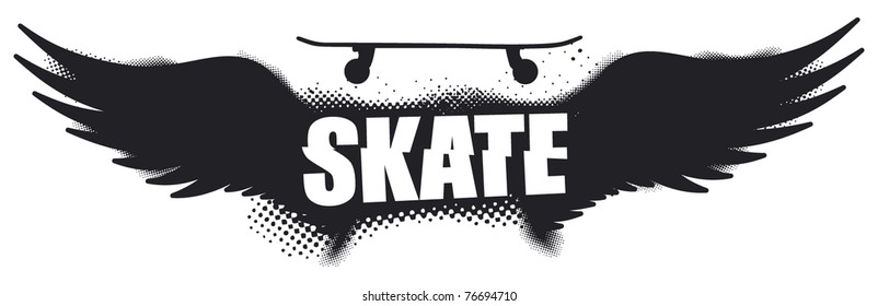 skate text with skateboard and grunge wings