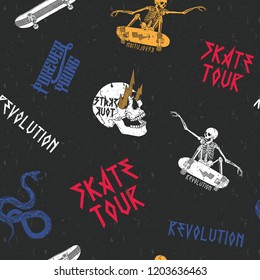 Skate Tour Print Pattern Seamless, Vector ,skull, Snake,  Skateboard