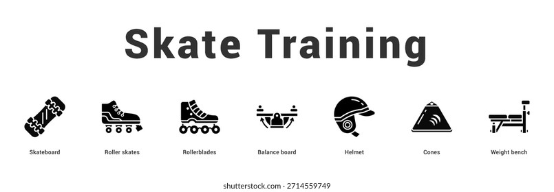 Skate Training Ilustración de Anuncio de Web moderno y limpio con íconos temáticos para la comunicación visual