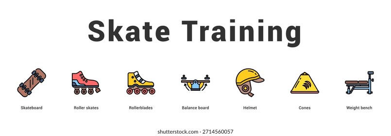 Skate Training Ilustración de Anuncio de Web moderno y limpio con íconos temáticos para la comunicación visual