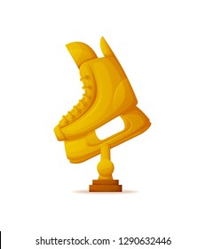 Skate trophy, golden shoes object for ice and rink, vertically stand of reward, hockey competition and winner sign, 3D glossy skating cup isolated vector