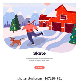 Skate vector web banner template. Man ice skating near countryside cottage, flat style design illustration. Winter sport and recreation, weekend or vacation in the country, ice skating fun activity.