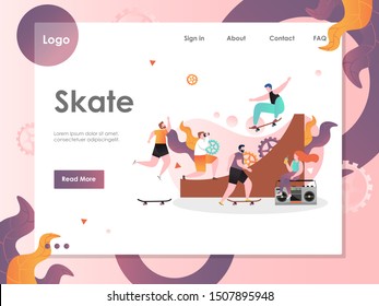 Skate vector website template, web page and landing page design for website and mobile site development. Vert skateboarding concept with young people riding skateboards on skate ramp.