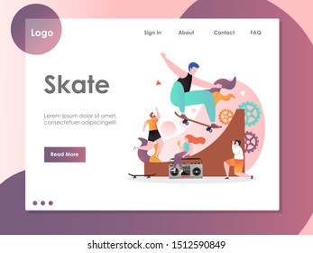 Skate vector website template, web page and landing page design for website and mobile site development. Skateboarding, summer extreme sports concept.