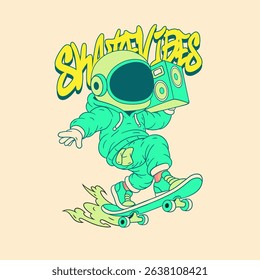 Skate Vibes. Casual Astronaut Character Skateboarding While Carrying a Music Radio Illustration for Urban Streetwear T-shirt and Poster Art Design