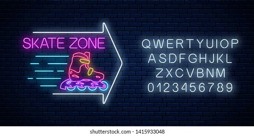 Skate zone glowing neon sign with guide arrow and alphabet on dark brick wall background. Roller skates rental symbol in neon style. Vector illustration.
