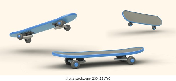 Skateboard en formato 3D. Conjunto de puentes en diferentes posiciones. Ilustración realista para la publicidad original, diseño en vivo de páginas web. Junta en movimiento, de lado, abajo, arriba. Skateboard en el aire