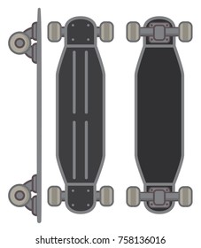 Skateboard active lifestyle.Extreme street sport youth.Flat line art style vector.Icon top view and sideways.Wooden board in black colors with wheels.