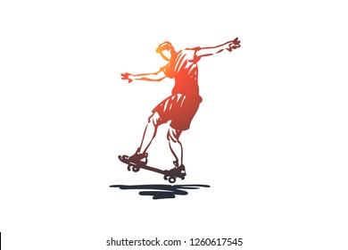 Skateboard, activity, board, skate, skating concept. Hand drawn man skating on board concept sketch. Isolated vector illustration.