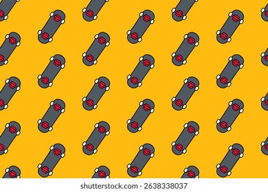 skate board com back flip padrão colorido em fundo amarelo. skater board com back view doodle fundo padrão sem costura para skate esporte e peças de skate loja merchandise