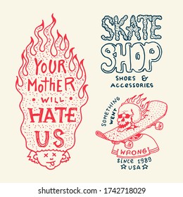 Skateboard badges and logo. Vintage retro Template for t-shirt. Burning skull with a board. Fiery and fiery head. The phrase with capital letters. Hand Drawn engraved sketch for shop or tattoo.