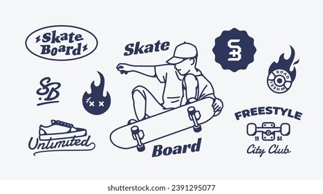 Skateboard badges, stickers. Vector illustrations. Skater Freedom Lifestyle. Urban City Skateboard Sport.