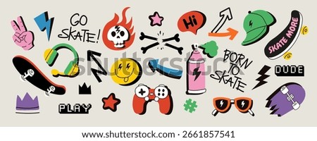 Skateboard badges, stickers. Vector illustrations with skateboards, smiley faces, lightning bolts, game controllers, peace signs, sunglasses, and more. Perfect for streetwear, youth designs