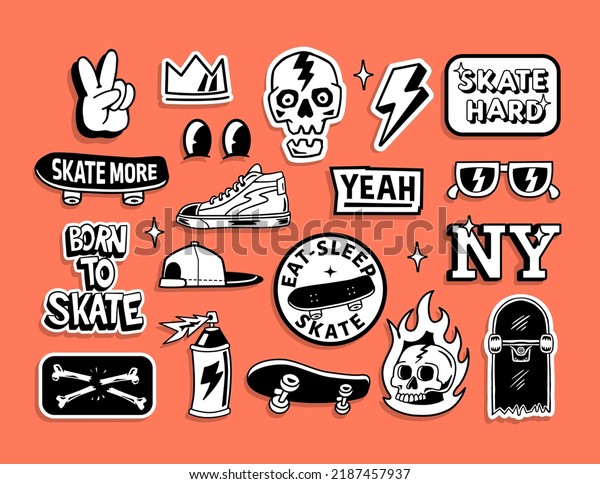 Skateboard badges, stickers. Vector\
illustrations of peace hand sign, skull, hat, shoes, sunglasses,\
lightning and\
skateboards.