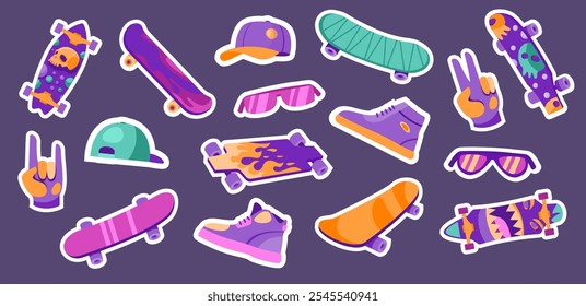 Insignias de monopatín. Etiquetas del deporte de la calle con la silueta del cráneo y del monopatín, estilo de vida del verano y concepto del patinaje. Conjunto aislado de Vector.