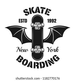 Skateboard with bat wings vector emblem in vintage monochrome style isolated on white background