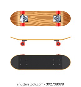 Skateboard black deck top side and maple wood bottom views projections realistic on white background vector illustration 