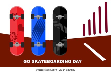 skateboard boards with various colors and patterns neatly arranged and bold text commemorating GO SKATEBOARDING DAY June 21
