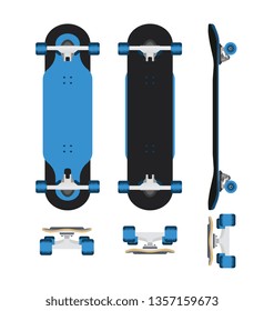 Skateboard bottom, front, top, side view 