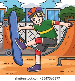 Skateboard Boy Doing a Foot Plant Colored Cartoon