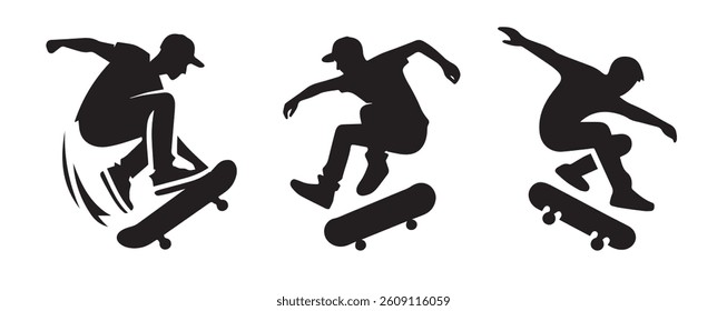 Skateboard boy jumping vector black silhouette lineart logo icon, sports isolated on white background