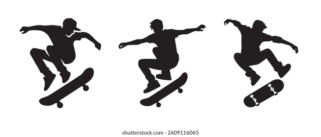 Skateboard boy jumping vector black silhouette lineart logo icon, sports isolated on white background