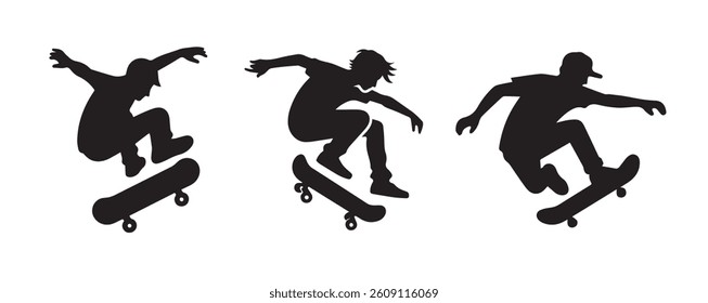 Skateboard boy jumping vector black silhouette lineart logo icon, sports isolated on white background