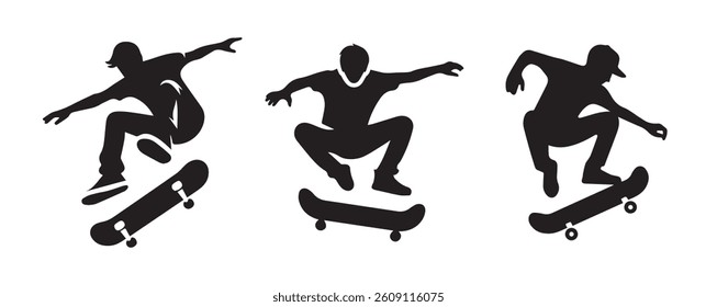 Skateboard boy jumping vector black silhouette lineart logo icon, sports isolated on white background