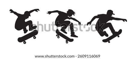 Skateboard boy jumping vector black silhouette lineart logo icon, sports isolated on white background