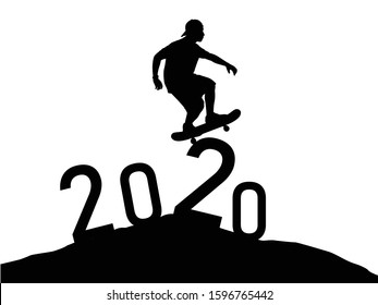 Skateboard boy with number 2020 in happy new year concept silhouette vector on white background