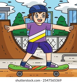 Skateboard Boy Trying to Balance Colored Cartoon