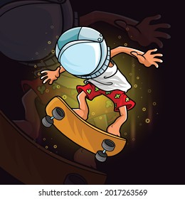 El chico del patinaje y usando casco astronauta de ilustración