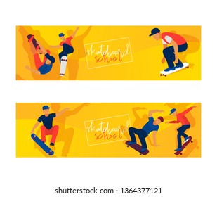 Skateboard boys set of banners vector illustration. Young guys riding and doing tricks on skate. Spending free time. Healthy lifestyle concept. Learning in school. Active hobby.