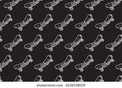 skate quebrado linha arte padrão sem emenda no fundo preto. skate de freio retro gravura padrão de hachura fundo para esporte de skate e peças de skate loja merchandise