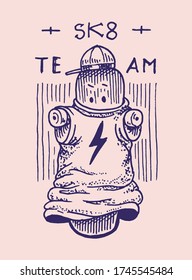 Skateboard character Label for typography. Vintage retro ride on the boards concept. Template for t-shirt and logo. Hand Drawn engraved sketch for shop, skate club or tattoo.
