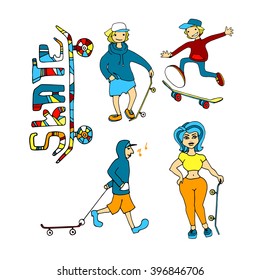 Skateboard characters, hand drawn vector illustration