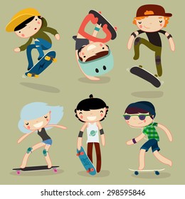 conjunto de personagens de skate. crianças elegantes. ilustração vetorial