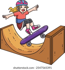 Skateboard Child on Half Pipe Cartoon Clipart
