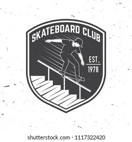 Skateboard club badge. Vector illustration. Extreme sport. For skate club emblems, signs and t-shirt design. Retro typography design with skateboarder and text.