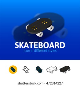Skateboard color icon, vector symbol in flat, outline and isometric style isolated on blur background